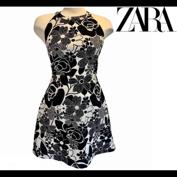 Zara black white floral halter top dress - Picture 1 of 8